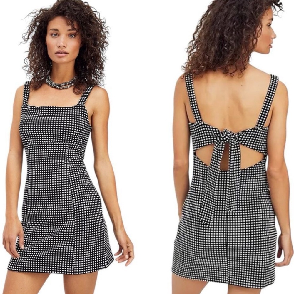 Free People Bardot Mini Dress Black Checker Bow Tie Back
